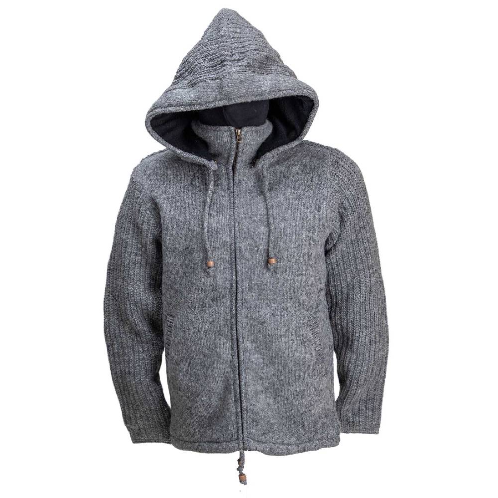 Kunst Und Magie Strickjacke Schurwolle Klassich Nordisch Wolle Jacke mit Kapuze Kragen Futter Unisex Grau Günstiger Verkauf
