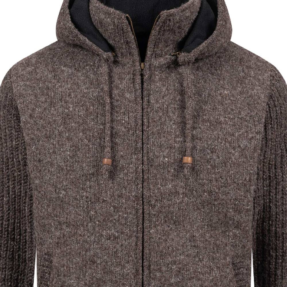 Kunst Und Magie Strickjacke Schurwolle Klassich Nordisch Wolle Jacke mit Kapuze Kragen Futter Unisex Braun Fabrikverkauf