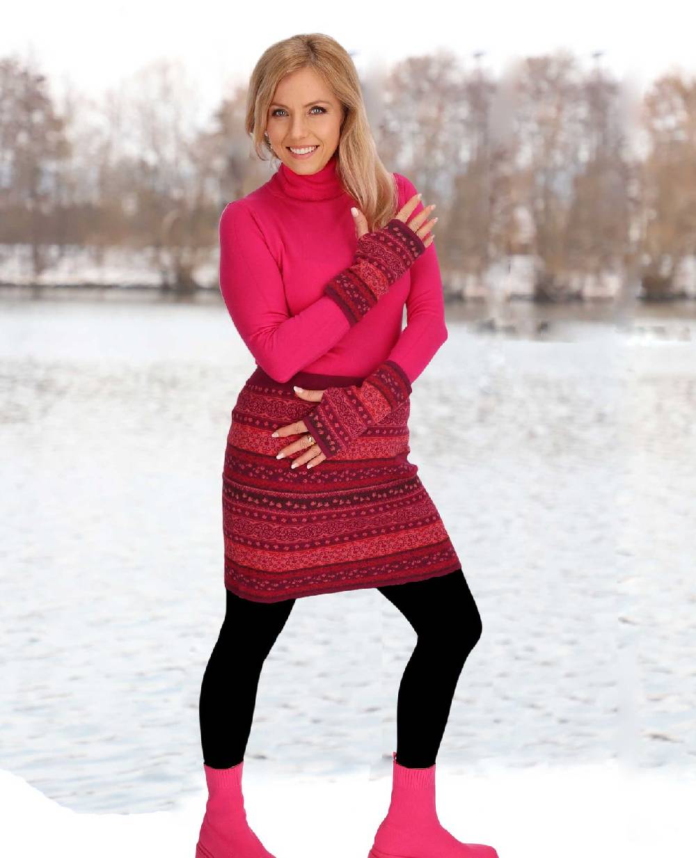 Kunst Und Magie Strickrock Knielanger Rock aus Feinstrick Jaquard Baumwolle Boho Begrenztes Angebot