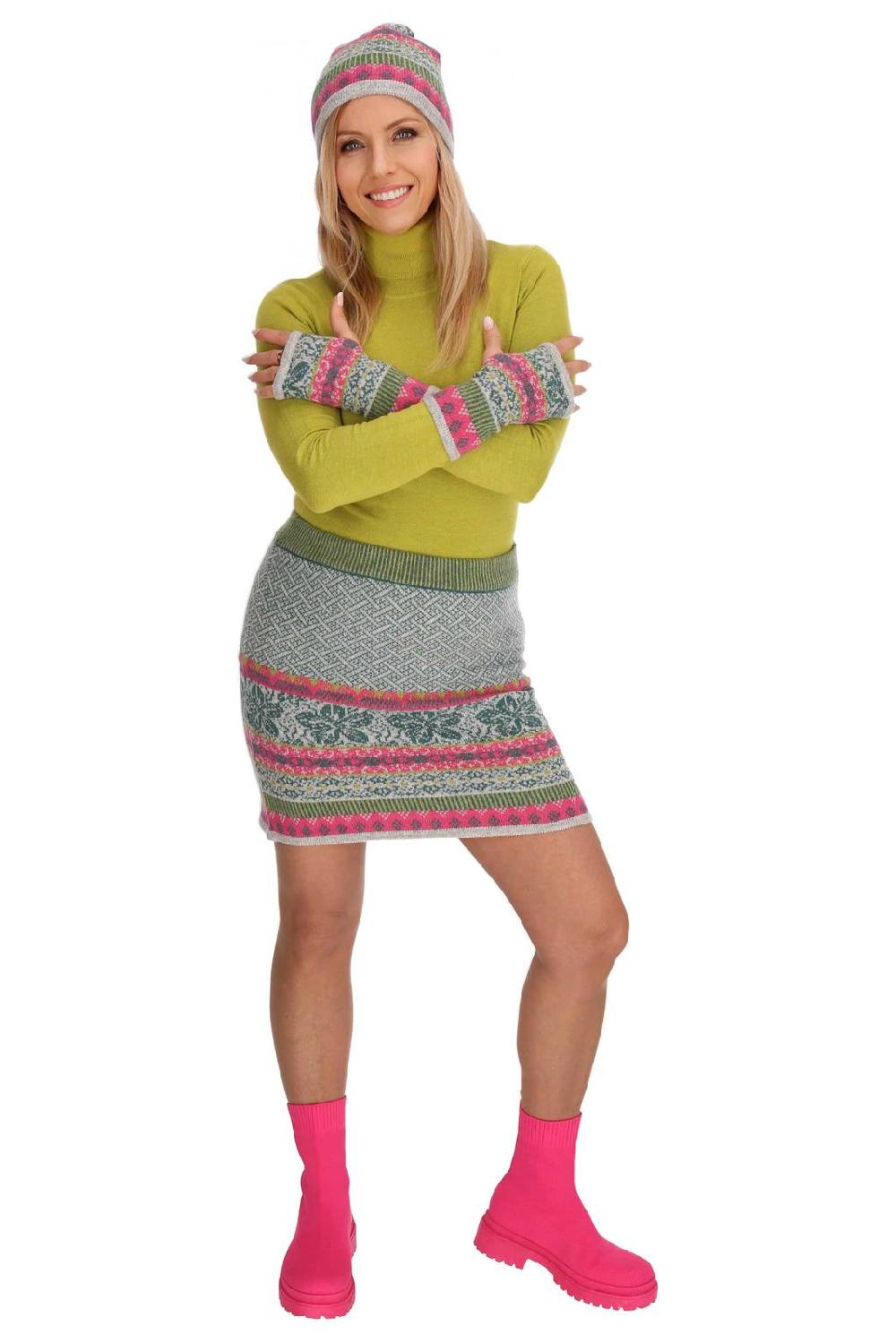 Kunst Und Magie Bunter Strickrock Knielanger Rock aus Schurwolle vom Lamm Lammwolle Wollrock Feinstrick Boho Preisnachlass