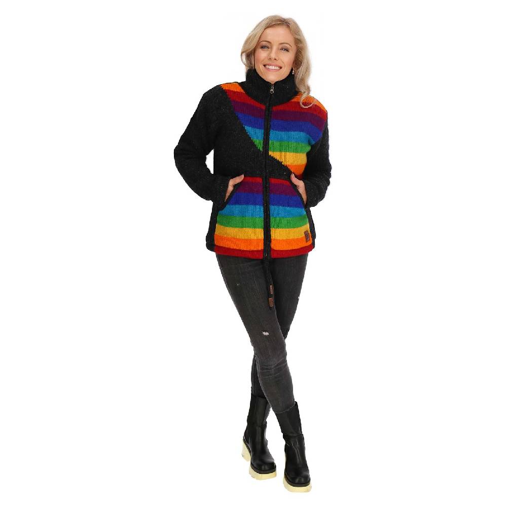 Kunst Und Magie Damen Strickjacke gefütterte Wolljacke Strickpullover Goa Wolle Bunte Jacke Regenbogen Blitzangebot