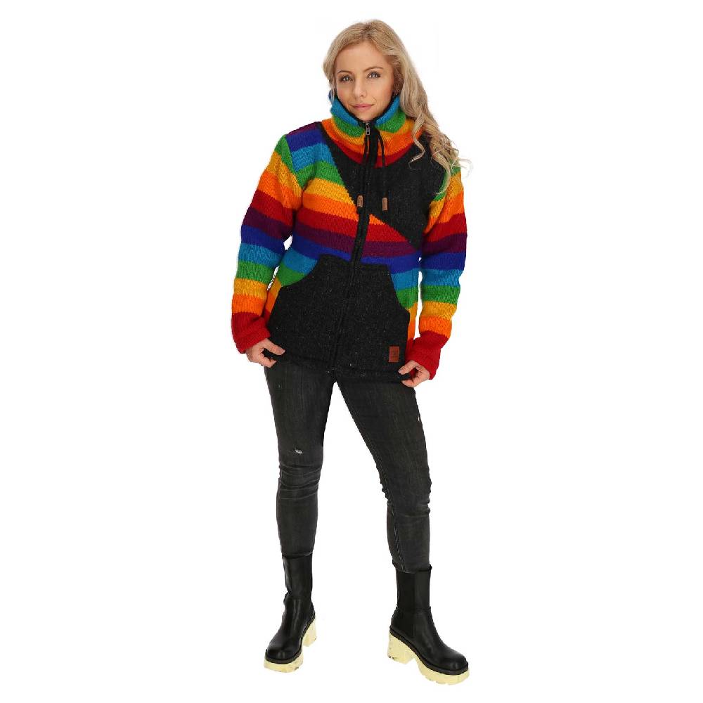 Kunst Und Magie Strickjacke Goa Wolle Bunte Regenbogen Jacke Fleecefutter Hochkragen Unisex Fair Große Rabatte