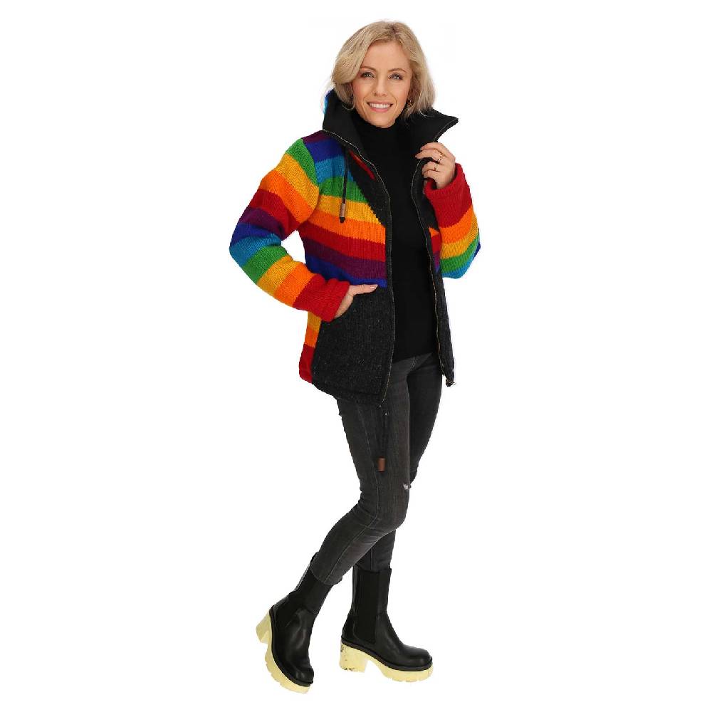 Kunst Und Magie Strickjacke Goa Wolle Bunte Regenbogen Jacke Fleecefutter Hochkragen Unisex Fair Große Rabatte