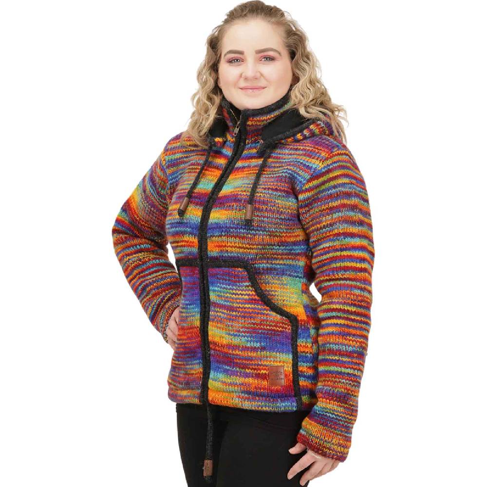 Kunst Und Magie Damen Strickjacke Goa Wolle Bunte Regenbogen Jacke Fleecefutter Hochkragen abnehmbarer Kapuze Bis zu 50% Rabatt