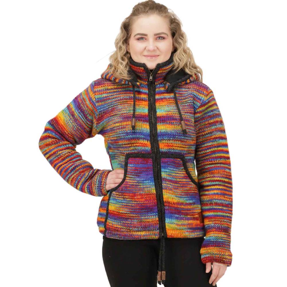Kunst Und Magie Damen Strickjacke Goa Wolle Bunte Regenbogen Jacke Fleecefutter Hochkragen abnehmbarer Kapuze Bis zu 50% Rabatt