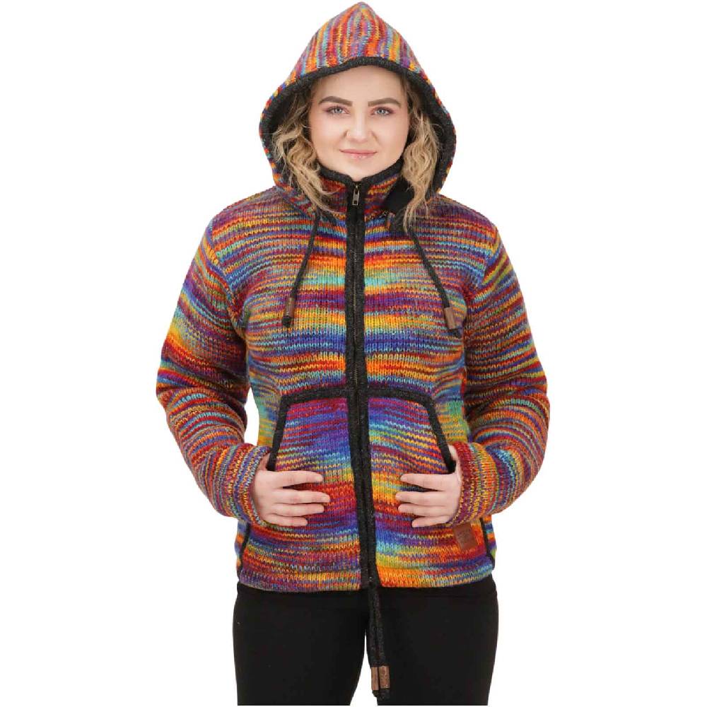 Kunst Und Magie Damen Strickjacke Goa Wolle Bunte Regenbogen Jacke Fleecefutter Hochkragen abnehmbarer Kapuze Bis zu 50% Rabatt
