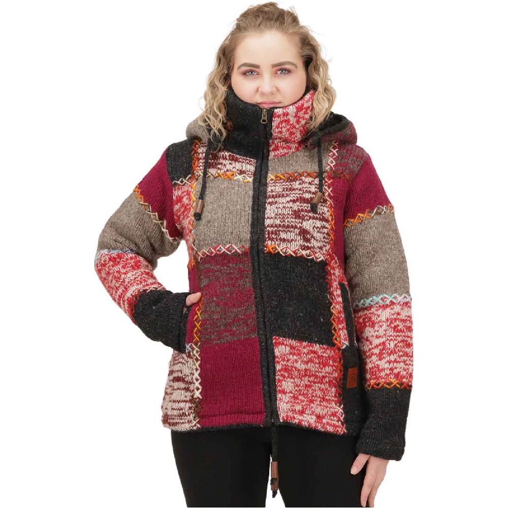 Kunst Und Magie Damen Strickjacke Goa Wolle Bunte Patchwork Jacke Fleecefutter Hochkragen abnehmbarer Kapuze Bis zu 60% Rabatt