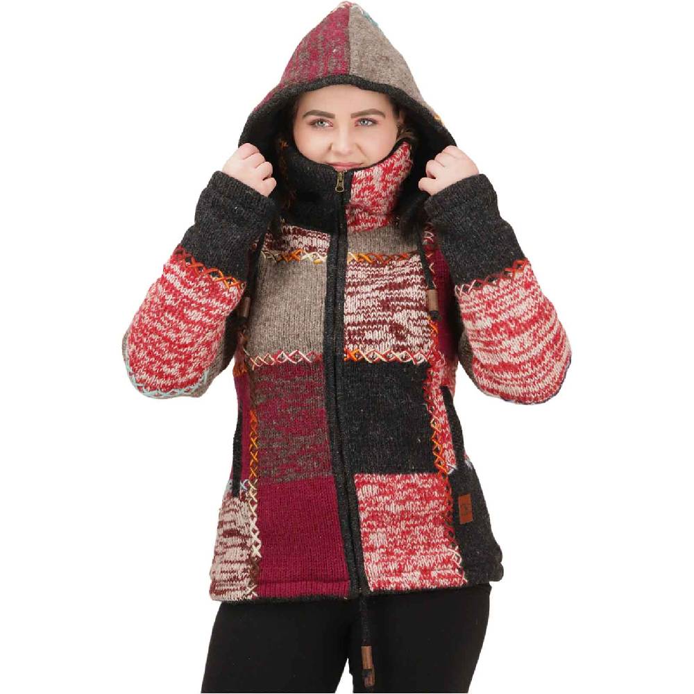 Kunst Und Magie Damen Strickjacke Goa Wolle Bunte Patchwork Jacke Fleecefutter Hochkragen abnehmbarer Kapuze Bis zu 60% Rabatt