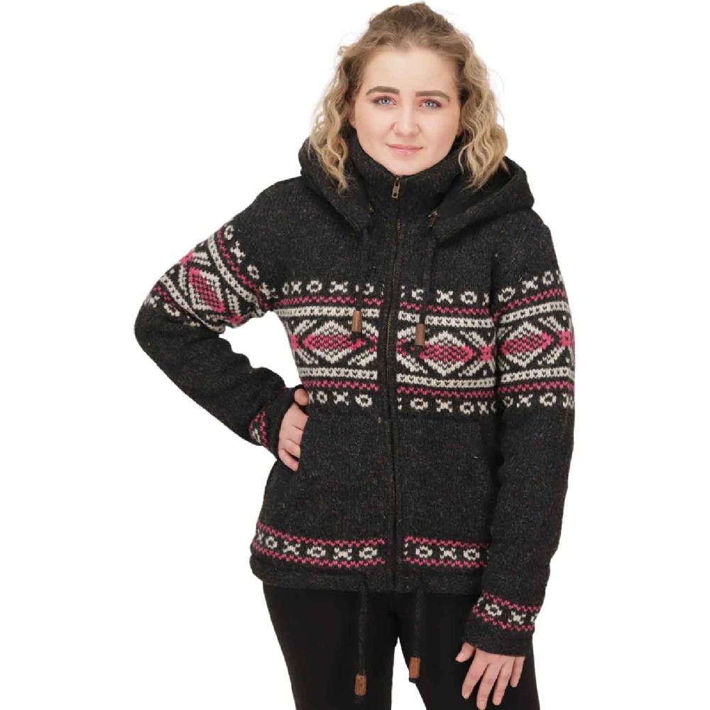 Kunst Und Magie Damen Klassische gefütterte Wolljacke Strickjacke Goa Wolle Jacke Norweger Muster abnehmbarer Kapuze Bis zu 65% Rabatt