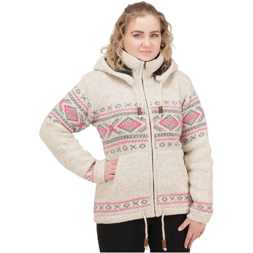 Kunst Und Magie Damen Klassische gefütterte Wolljacke Strickjacke Goa Wolle Jacke Norweger Muster abnehmbarer Kapuze Nur für heute