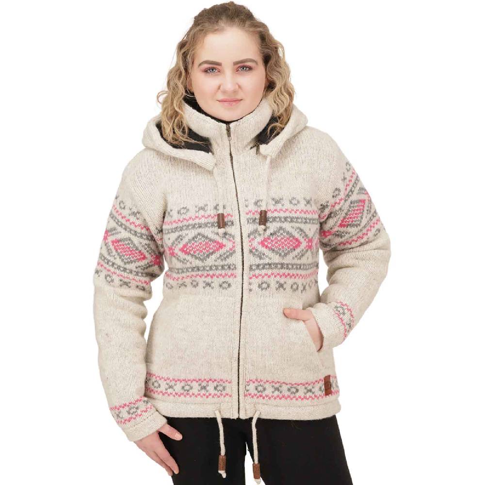 Kunst Und Magie Damen Klassische gefütterte Wolljacke Strickjacke Goa Wolle Jacke Norweger Muster abnehmbarer Kapuze Nur für heute