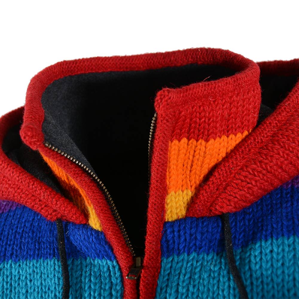 Kunst Und Magie Damen Regenbogen Strickjacke Goa Wolle Jacke mit Fleecefutter und abnehmbarer Kapuze Sonderangebot der Fabrik
