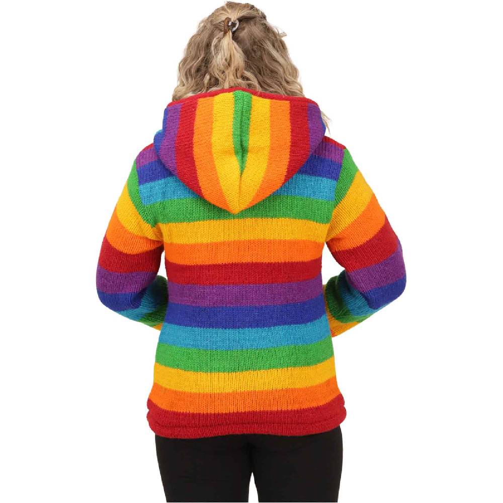 Kunst Und Magie Damen Regenbogen Strickjacke Goa Wolle Jacke mit Fleecefutter und abnehmbarer Kapuze Sonderangebot der Fabrik