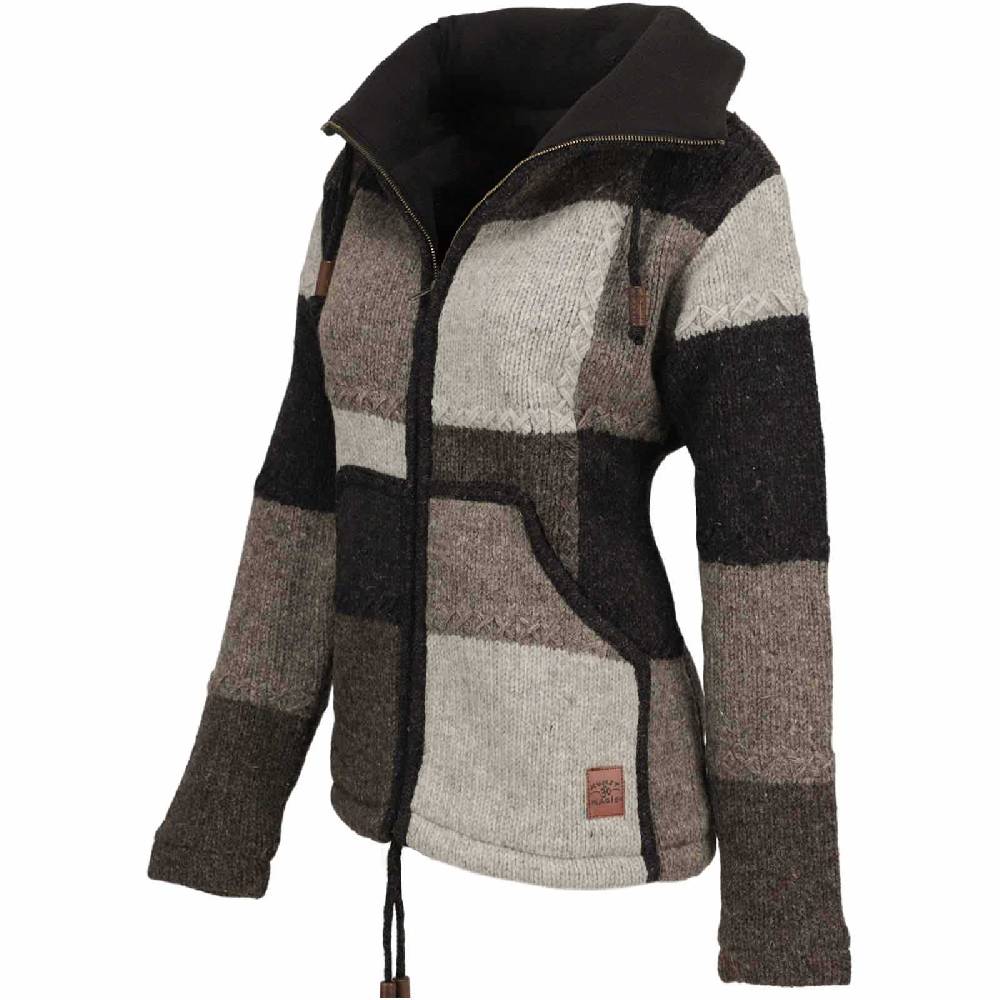 Kunst Und Magie Damen Strickjacke Goa Wolle Bunte Patchwork Jacke mit Fleecefutter und Hochkragen Riesige Rabatte