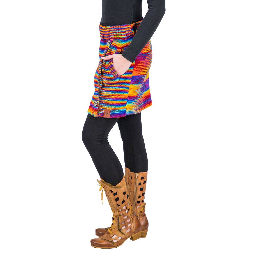 Kunst Und Magie Bunter Strickrock kurzer Rock mit Regenbogen Mustern Wolle gefüttert Hippie Goa Rainbow Rabatte dieses Monats