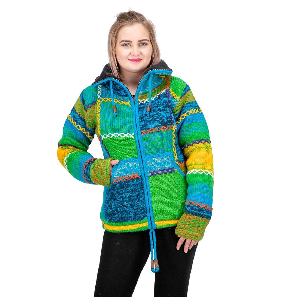 Kunst Und Magie Damen Strickjacke Goa Wolle Bunte Patchwork Jacke mit Fleecefutter und Hochkragen Outlet
