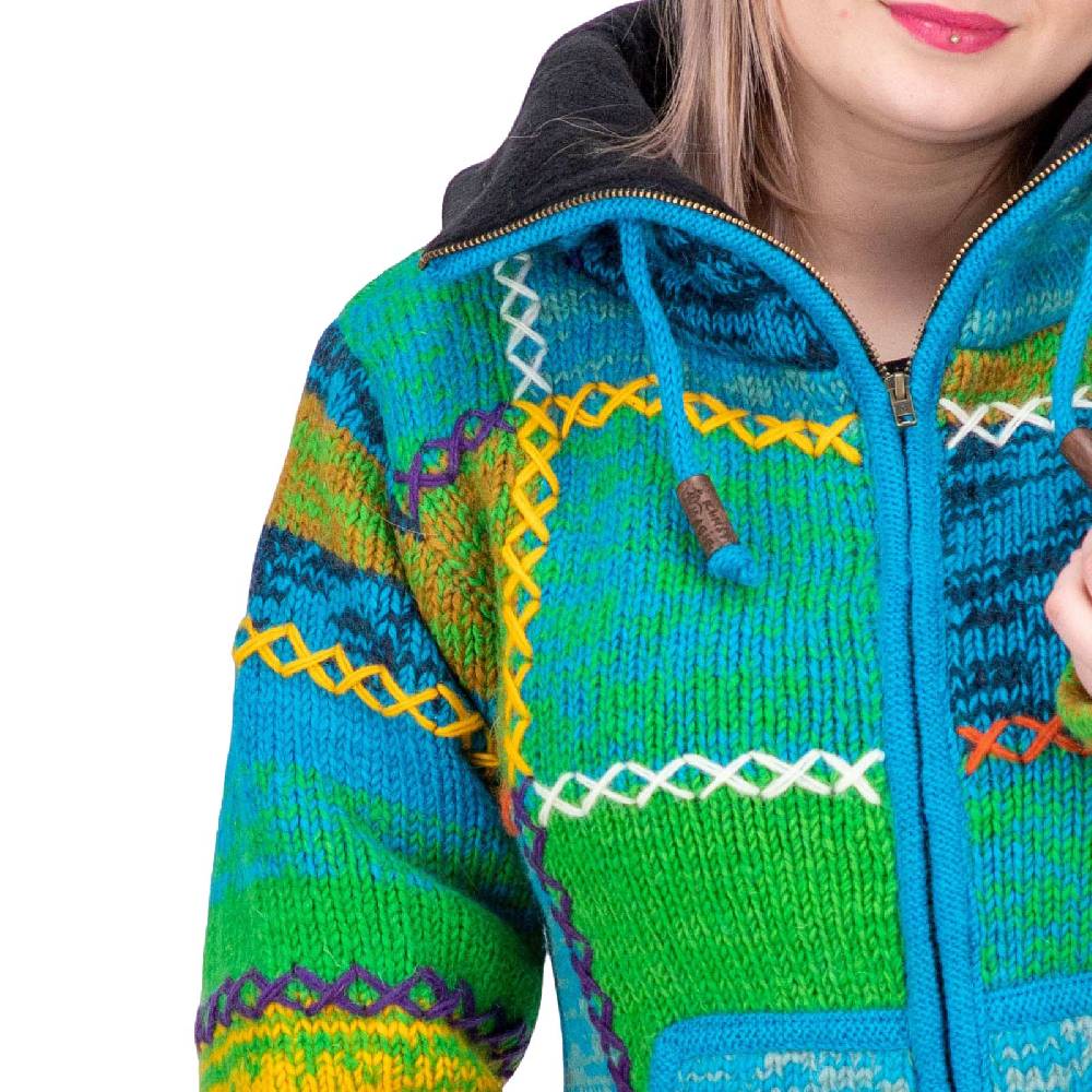 Kunst Und Magie Damen Strickjacke Goa Wolle Bunte Patchwork Jacke mit Fleecefutter und Hochkragen Outlet