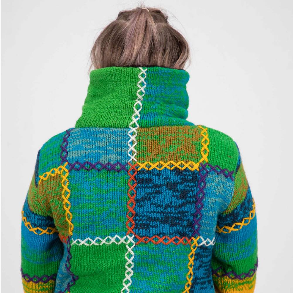 Kunst Und Magie Damen Strickjacke Goa Wolle Bunte Patchwork Jacke mit Fleecefutter und Hochkragen Outlet