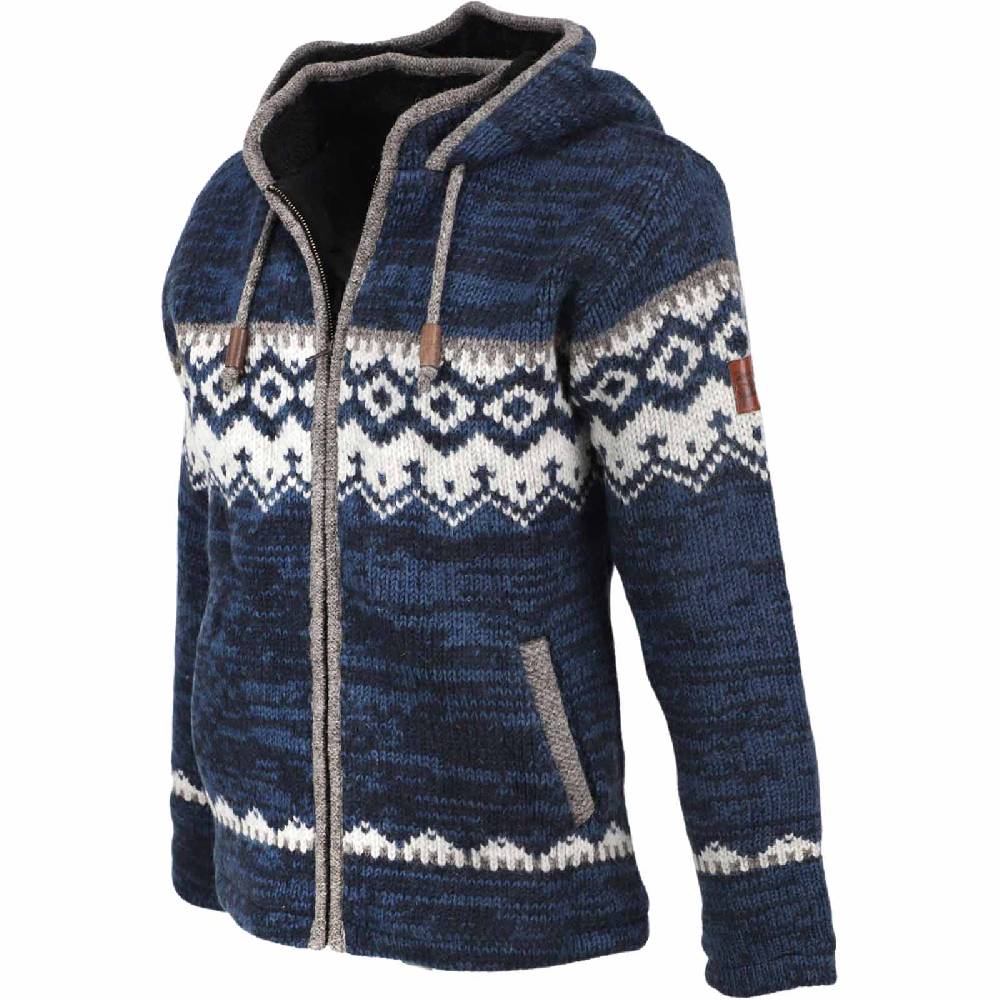 Kunst Und Magie Herren Strickjacke Schurwolle Klassich Nordisches Muster Wolle Jacke mit Kapuze Auslauf