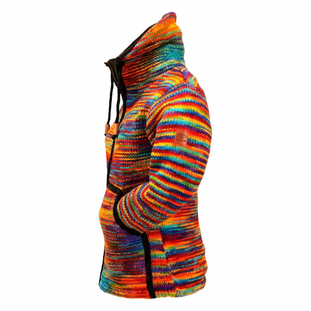 Kunst Und Magie Damen Strickjacke Goa Wolle Bunte Regenbogen Jacke Fleecefutter Hochkragen Goa Boho Fair Schlussverkauf
