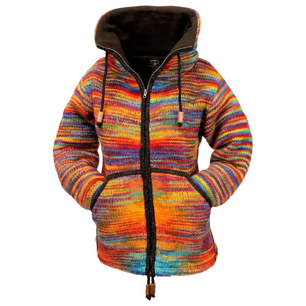 Kunst Und Magie Damen Strickjacke Goa Wolle Bunte Regenbogen Jacke Fleecefutter Hochkragen Goa Boho Fair Schlussverkauf