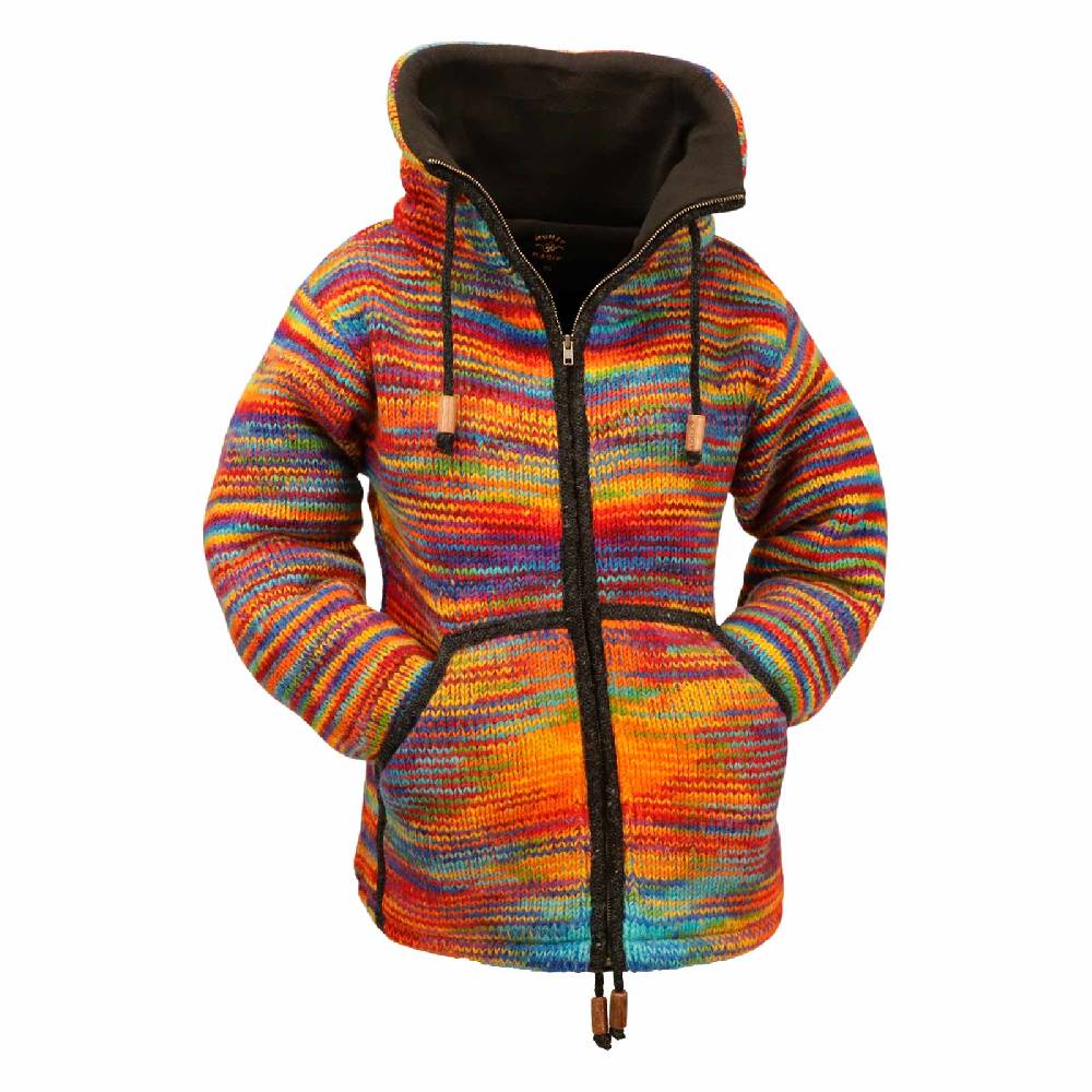 Kunst Und Magie Damen Strickjacke Goa Wolle Bunte Regenbogen Jacke Fleecefutter Hochkragen Goa Boho Fair Schlussverkauf