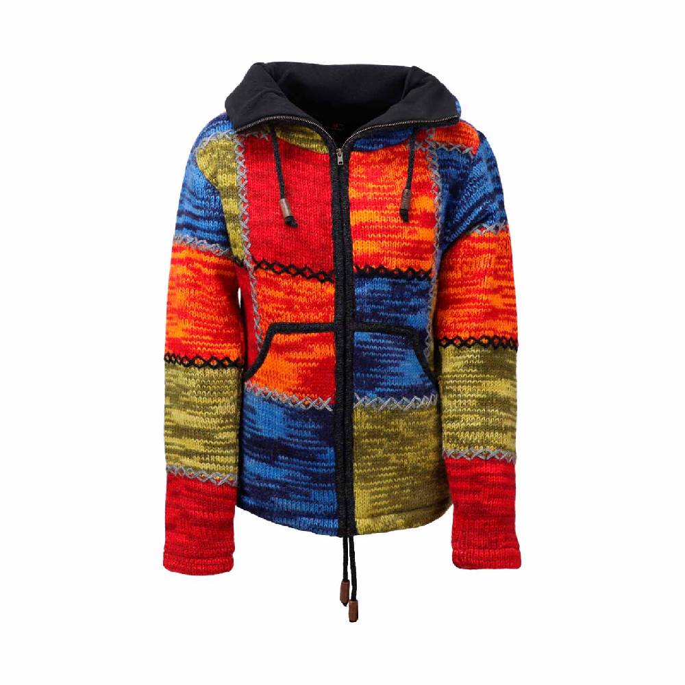 Kunst Und Magie Damen Strickjacke Goa Wolle Bunte Patchwork Jacke mit Fleecefutter und Hochkragen Fair Günstiger Verkauf
