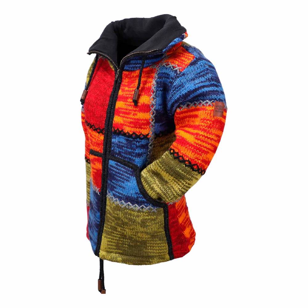 Kunst Und Magie Damen Strickjacke Goa Wolle Bunte Patchwork Jacke mit Fleecefutter und Hochkragen Fair Günstiger Verkauf