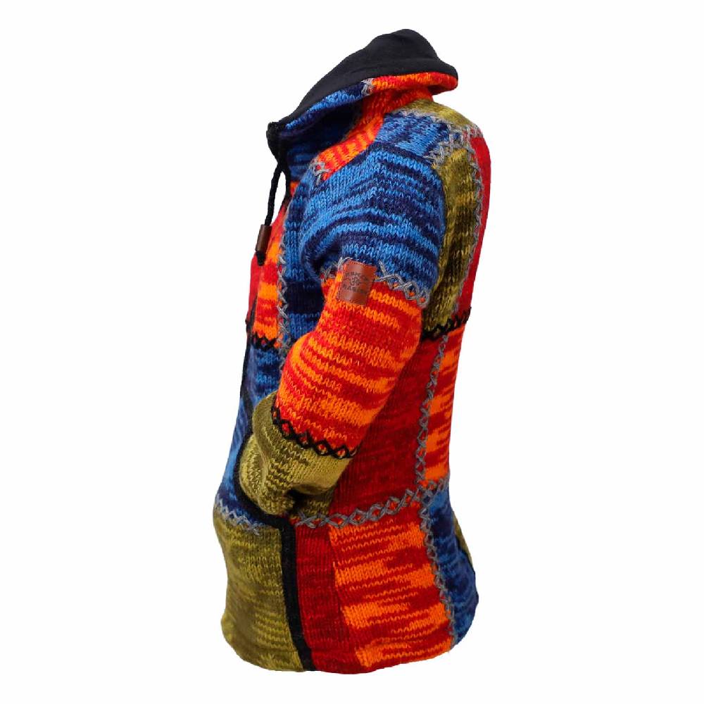 Kunst Und Magie Damen Strickjacke Goa Wolle Bunte Patchwork Jacke mit Fleecefutter und Hochkragen Fair Günstiger Verkauf