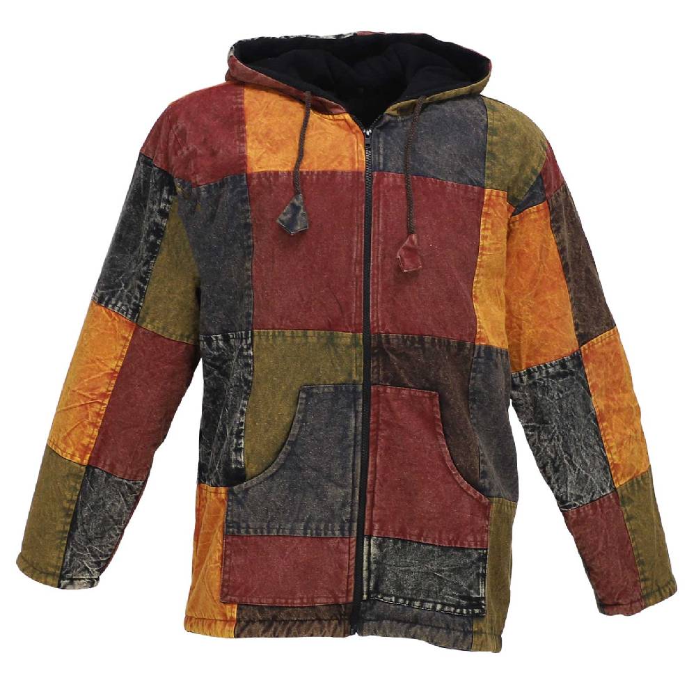 Kunst Und Magie Patchwork Jacke Baja Hoodie Herren alternativ Kapuzenjacke mit Fleecefutter Nachhaltig Fair Sonderangebot
