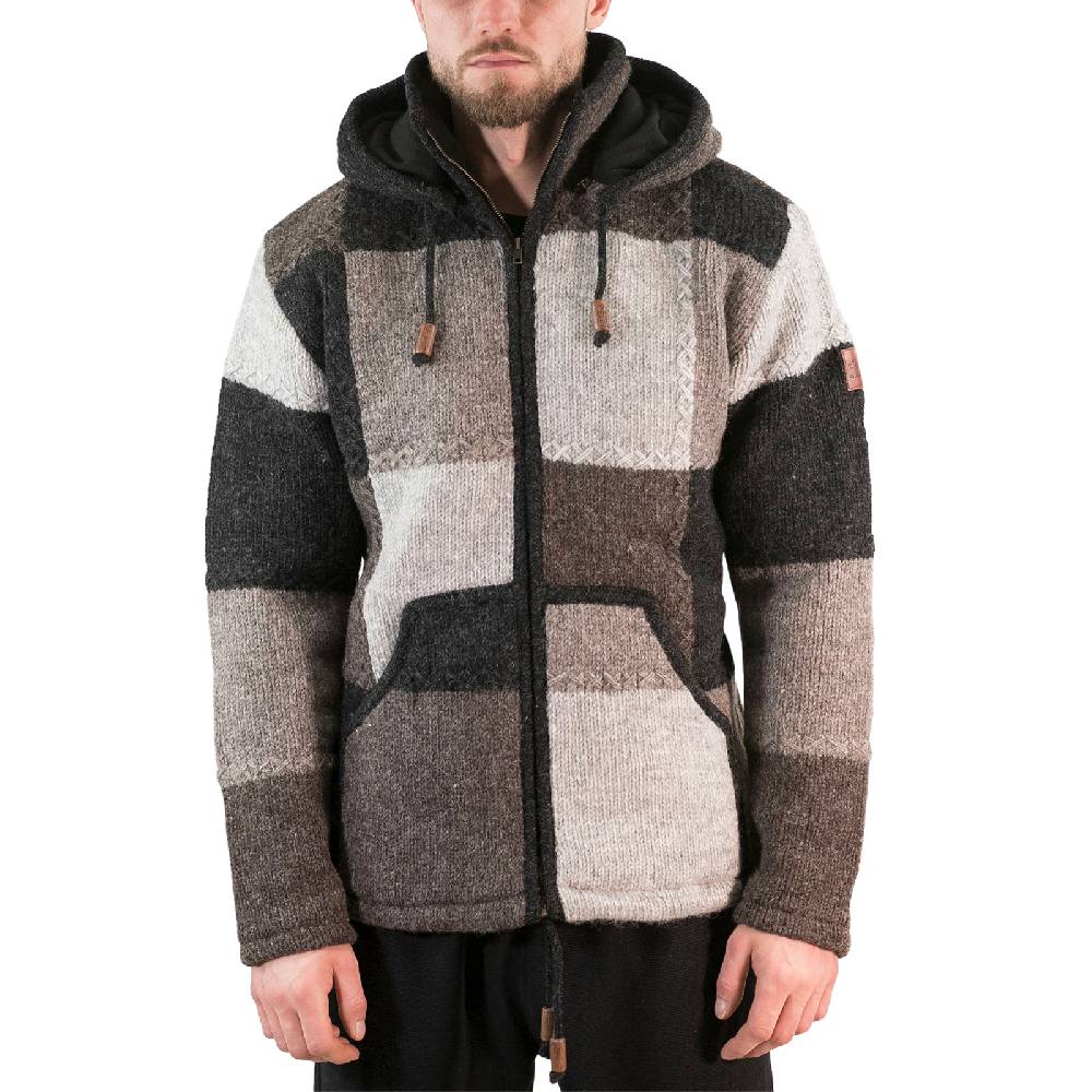 Kunst Und Magie Herren Strickjacke Patchwork Wolle Jacke mit abnehmbarer Kapuze und Fleecefutter Hippie Top Angebot