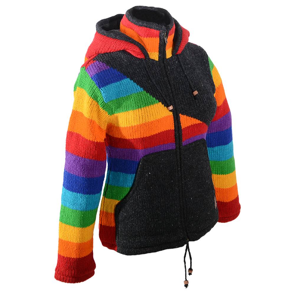 Kunst Und Magie Damen Goa Winter Strickjacke Wolle Fleecefutter abnehmbarer Zipfelkapuze Schwarz/Regenbogen Online Outlet