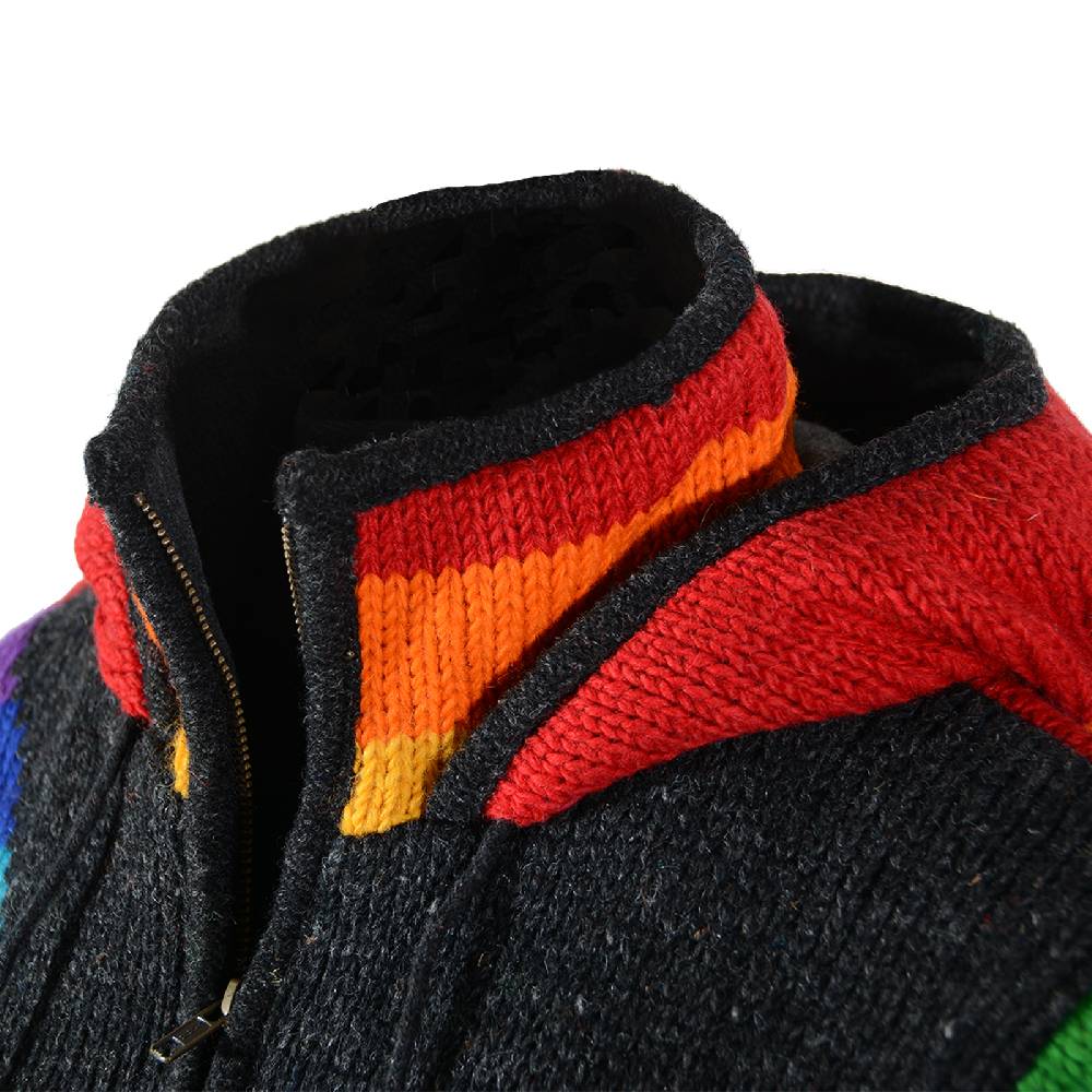 Kunst Und Magie Damen Goa Winter Strickjacke Wolle Fleecefutter abnehmbarer Zipfelkapuze Schwarz/Regenbogen Online Outlet