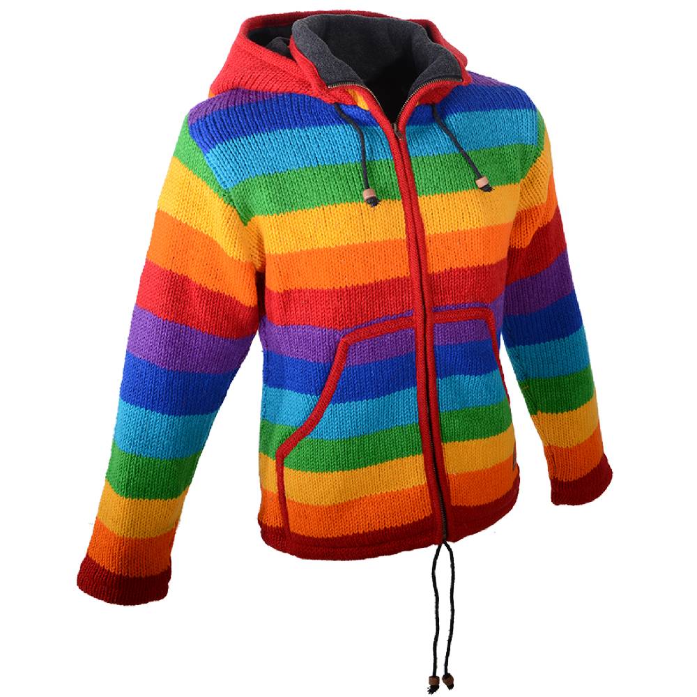 Kunst Und Magie Damen Regenbogen Strickjacke Goa Wolle Jacke mit Fleecefutter und abnehmbarer Zipfelkapuze Zeitlich begrenztes Angebot