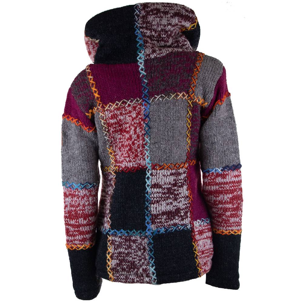 Kunst Und Magie Damen Strickjacke Goa Wolle Bunte Patchwork Winter Jacke mit Fleecefutter und Hochkragen Boho Riesige Ersparnisse