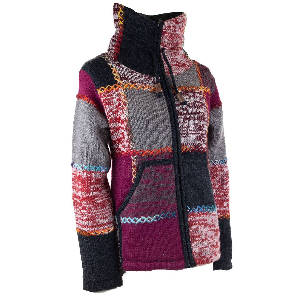 Kunst Und Magie Damen Strickjacke Goa Wolle Bunte Patchwork Winter Jacke mit Fleecefutter und Hochkragen Boho Riesige Ersparnisse