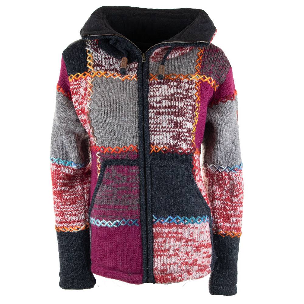 Kunst Und Magie Damen Strickjacke Goa Wolle Bunte Patchwork Winter Jacke mit Fleecefutter und Hochkragen Boho Riesige Ersparnisse