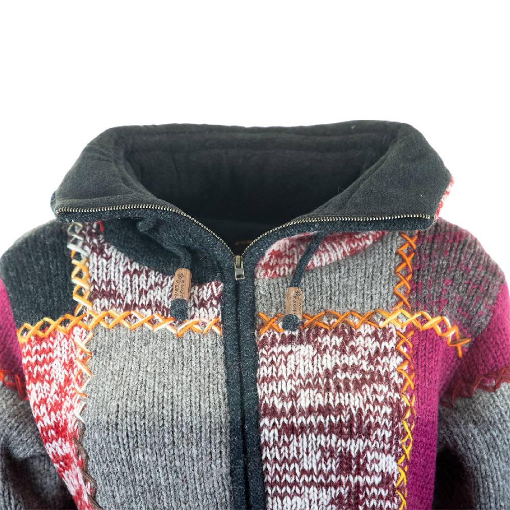 Kunst Und Magie Damen Strickjacke Goa Wolle Bunte Patchwork Winter Jacke mit Fleecefutter und Hochkragen Boho Riesige Ersparnisse