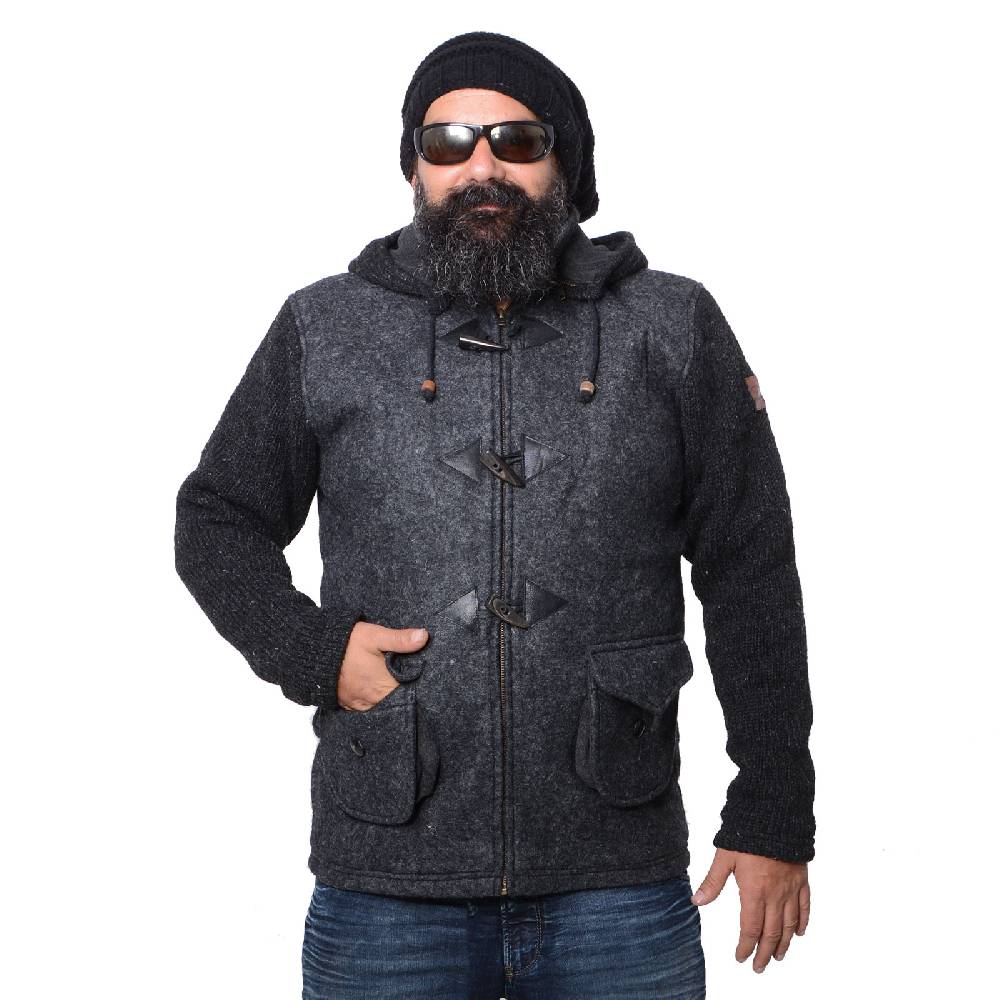Kunst Und Magie Kunst und Magie Herren Loden Jacke mit gestrickten Ärmeln und abnehmbarer Kapuze Black Friday Preise