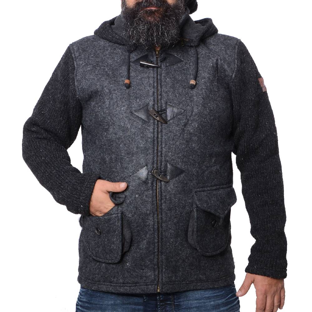 Kunst Und Magie Kunst und Magie Herren Loden Jacke mit gestrickten Ärmeln und abnehmbarer Kapuze Black Friday Preise
