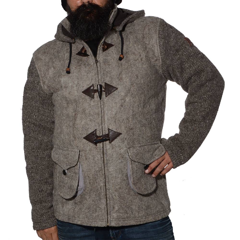 Kunst Und Magie Kunst und Magie Herren Loden Jacke mit gestrickten Ärmeln und abnehmbarer Kapuze Black Friday Preise