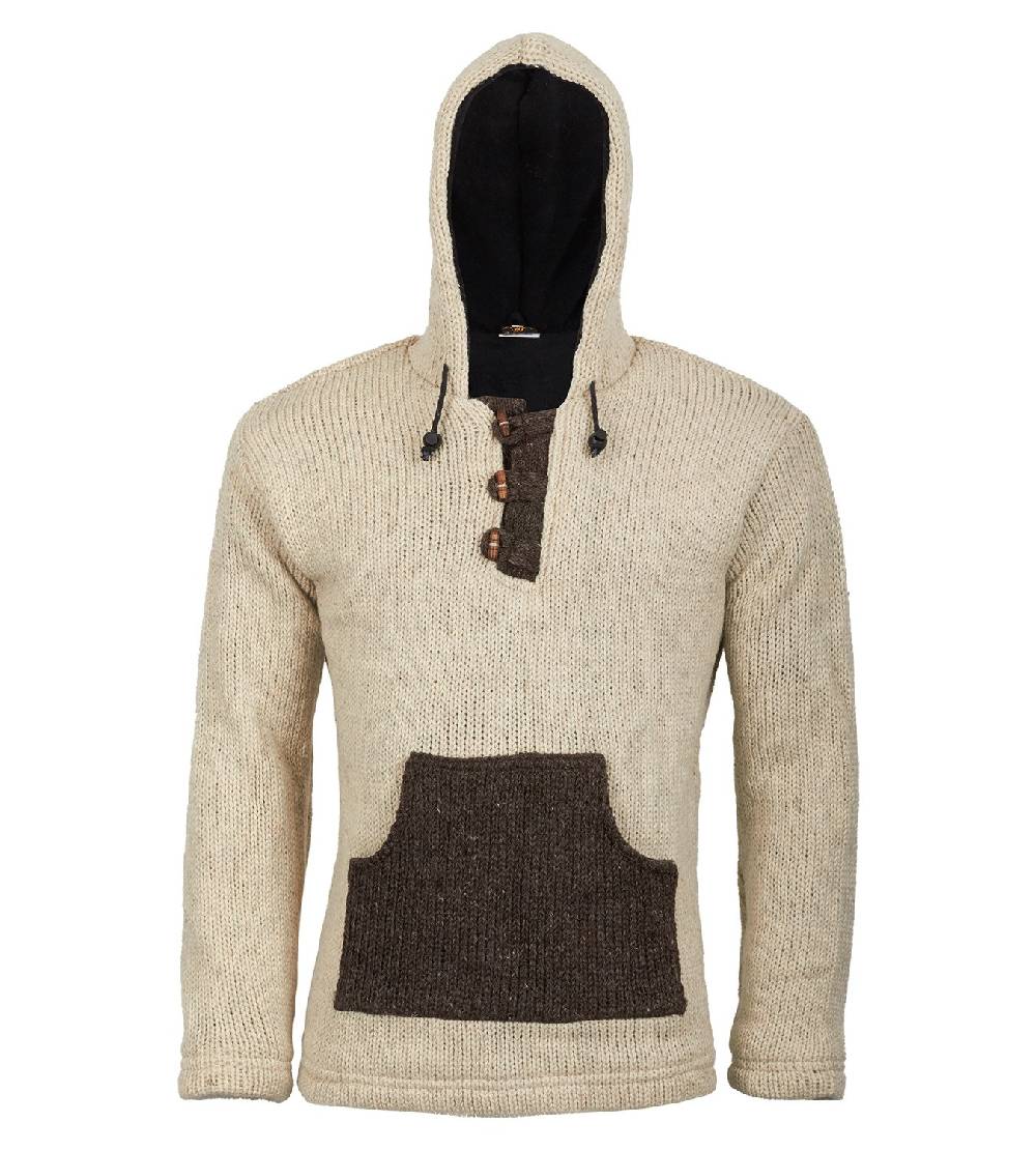 Kunst Und Magie Kunst und Magie Herren Strickpullover Kapuze Wollpullover Nepal Baja Fleecefutter Hoodie Fabrikpreis