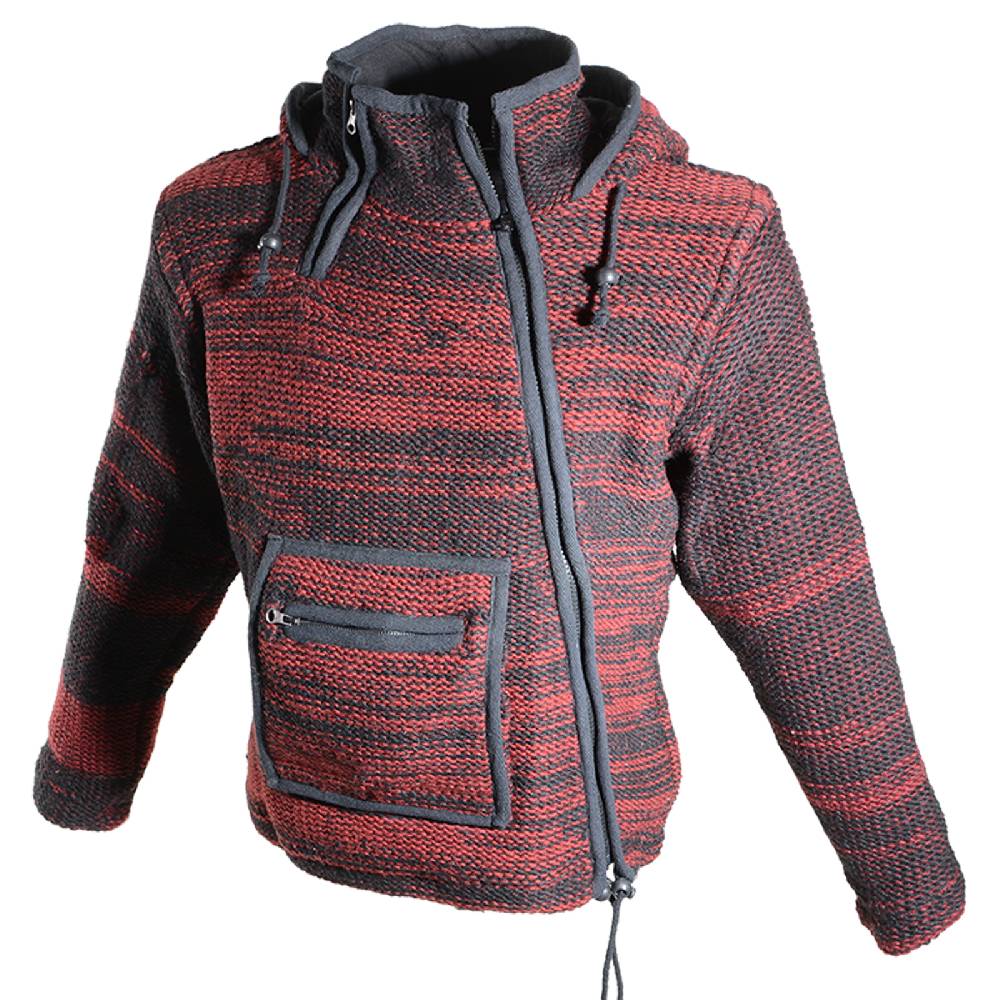 Kunst Und Magie Damen Wolljacke Hippie Goa Strickjacke mit Fleecefutter und Kapuze Schwarz/Rot Kauf eins, bekomm eins gratis
