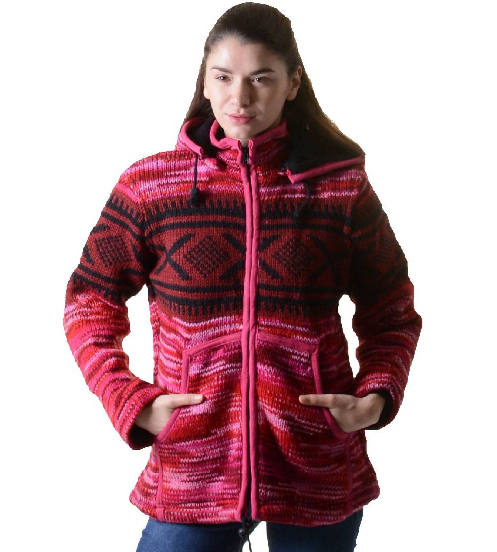 Kunst Und Magie Hippie Goa Nepal Strickjacke Poncho Woll-Pullover in Pink mit abnehmbarer Zipfelkapuze Letzte 3 Tage