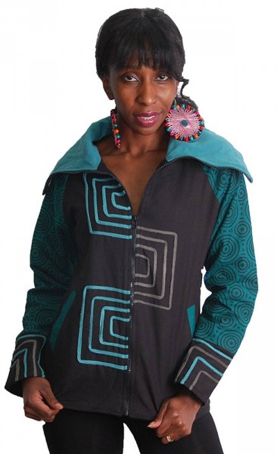 Kunst Und Magie Schwarz-Türkise Boho Jacke mit Rollkragen und Fleecefutter Clearance-Verkauf
