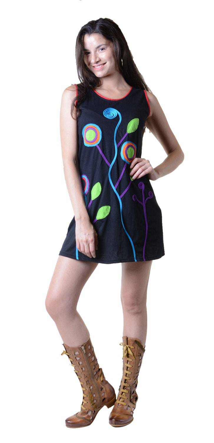 Kunst Und Magie Minikleid Longshirt Tunika Hippie Sommerkleid mit Patches Große Rabatte