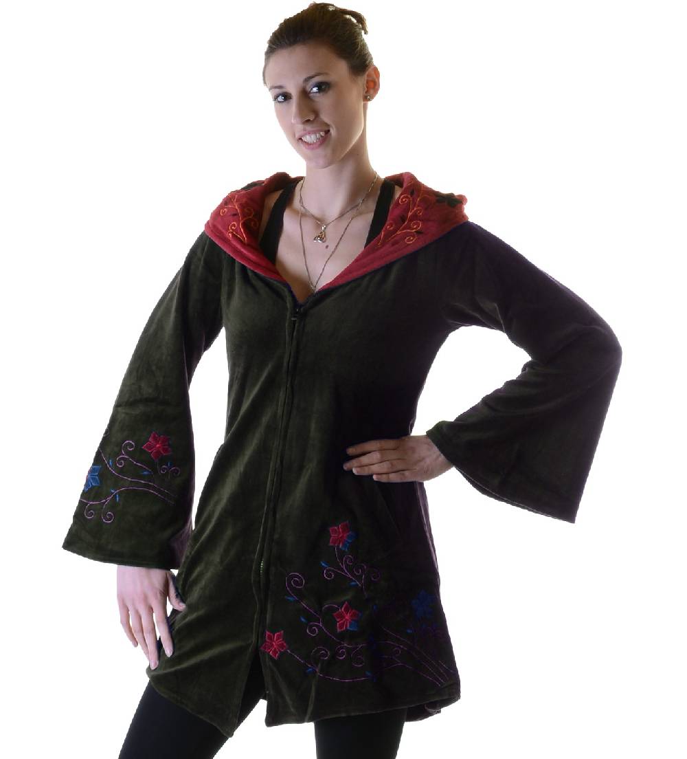 Kunst Und Magie Elfenhafte Samtjacke mit Zipfelkapuze mit Blumenstickerei Tiefpreis