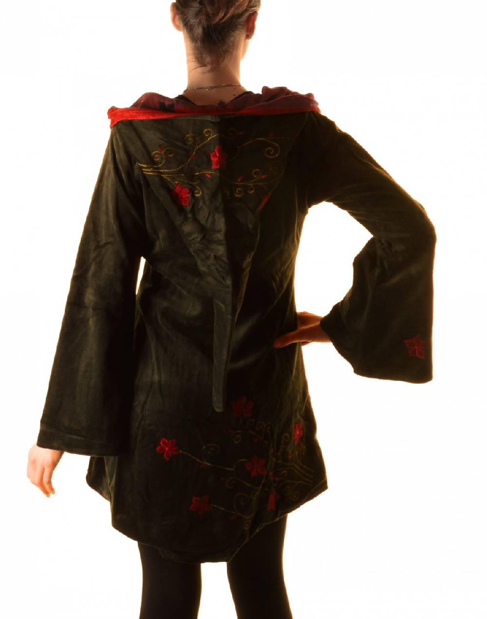 Kunst Und Magie Elfenhafte Samtjacke mit Zipfelkapuze mit Blumenstickerei Tiefpreis
