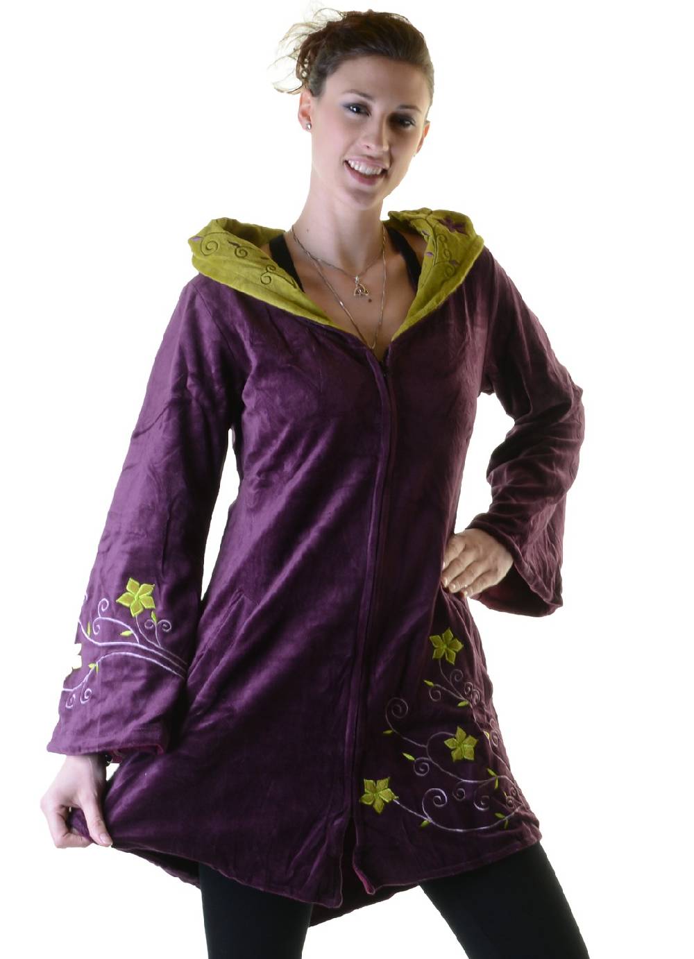 Kunst Und Magie Elfenhafte Samtjacke mit Zipfelkapuze mit Blumenstickerei Tiefpreis