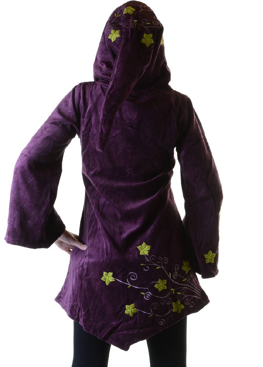 Kunst Und Magie Elfenhafte Samtjacke mit Zipfelkapuze mit Blumenstickerei Tiefpreis
